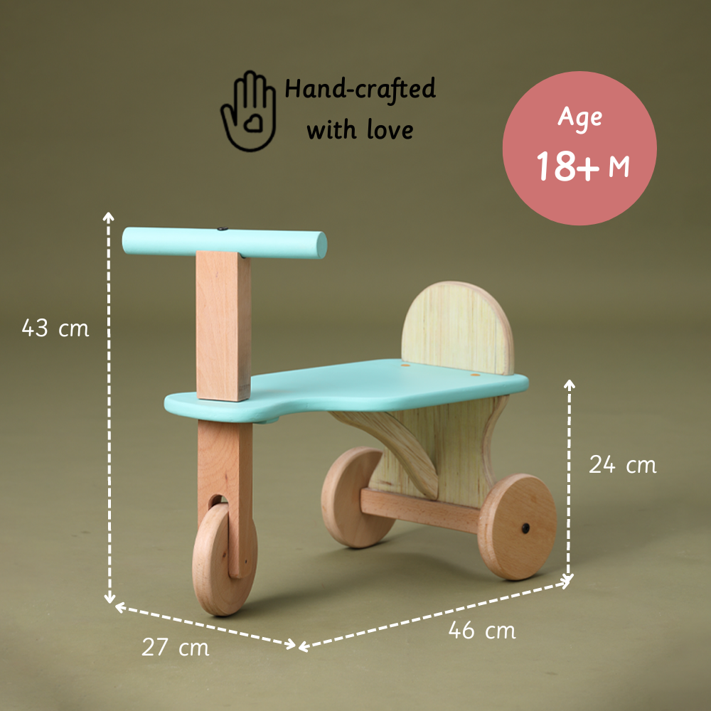 Handcrafted wooden Tuk Tuk for toddlers 18+ months, measuring 46x27x43 cm for the perfect child-sized ride.