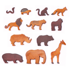 Wooden Wild Animals ( Set of 12) set of  wooden wild animal toys, including a snake, tortoise, monkey, fox, lion, tiger, gorilla, rhinoceros, bear, hippopotamus, elephant, and giraffe.




