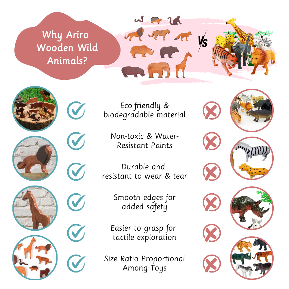Wooden Wild Animals ( Set of 12  are eco-friendly, safe, durable, easy to grasp, and designed for developmental play.




