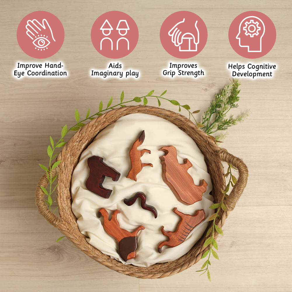 Wooden Wild Animals ( Set of 12) emphasizing improved hand-eye coordination, encouragement of imaginary play, enhanced grip strength, and support for cognitive development.




