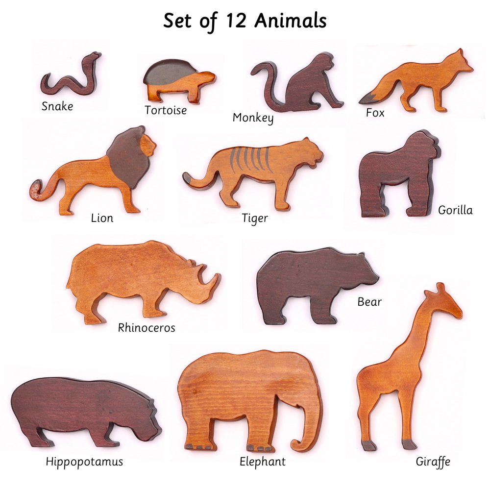 Wooden Wild Animals ( Set of 12) has handcrafted wild animals including: Snake, Tortoise, Monkey, Fox, Lion, Tiger, Gorilla, Rhinoceros, Bear, Hippopotamus, Elephant, and Giraffe.