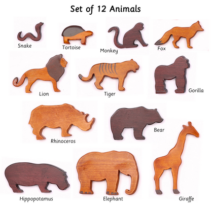 Wooden Wild Animals ( Set of 12) has handcrafted wild animals including: Snake, Tortoise, Monkey, Fox, Lion, Tiger, Gorilla, Rhinoceros, Bear, Hippopotamus, Elephant, and Giraffe.