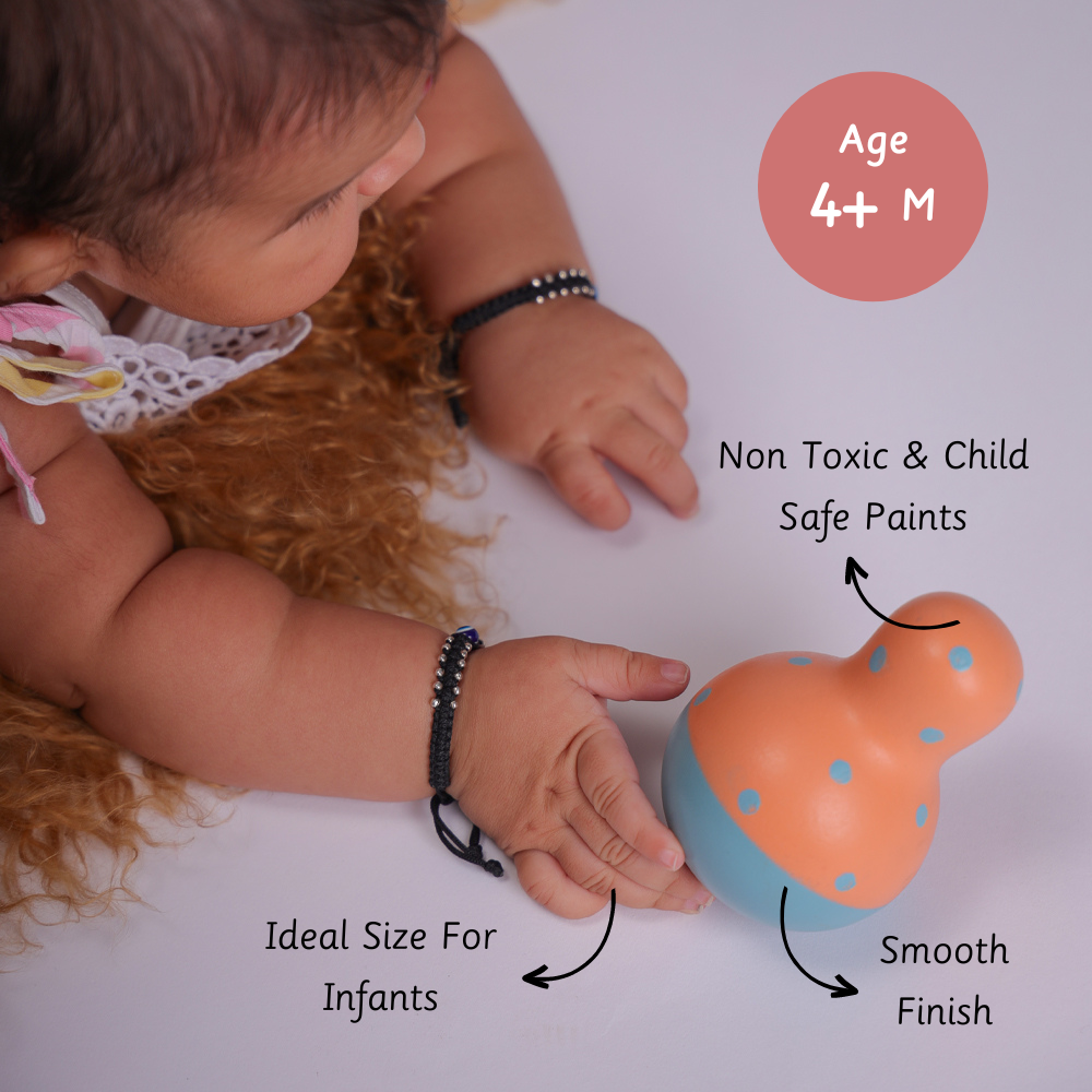 Wobble Toy ideal for infants aged 4+ months, featuring non-toxic child-safe paints, a smooth finish, and a perfectly sized design for little hands.