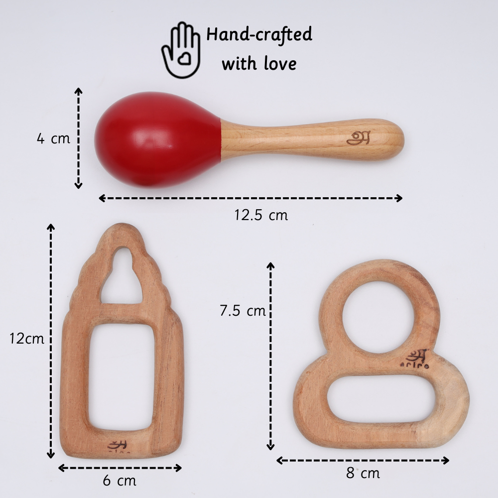 Natural neem wood, hand-crafted with dimensions – Safe and hygienic teethers and rattle for infants.





