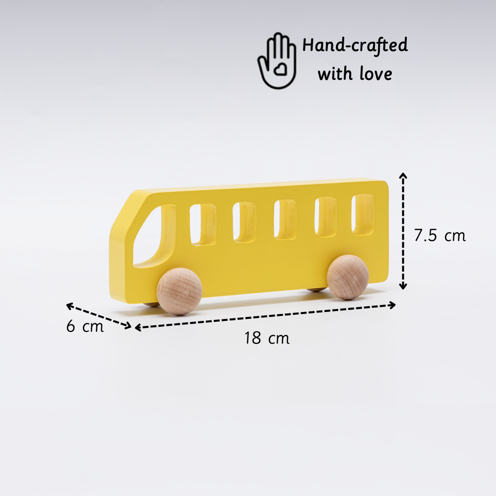 This hand-crafted wooden bus is thoughtfully designed with smooth edges, child-safe materials, and the perfect size for little hands