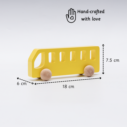 This hand-crafted wooden bus is thoughtfully designed with smooth edges, child-safe materials, and the perfect size for little hands