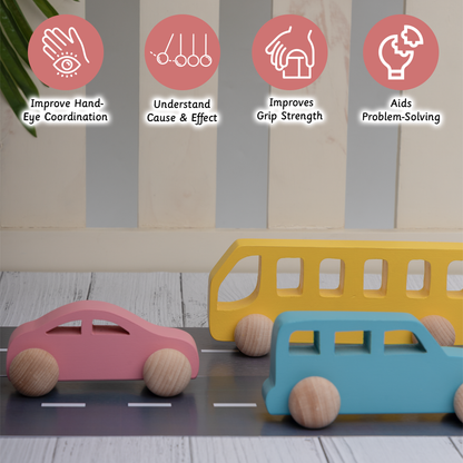 wooden vechile set imroves hand eye coordination , cause and effect , improve grip strength and aids problem solving 