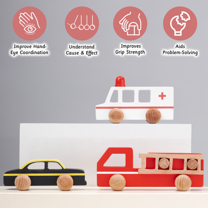 Wooden Fire Engine improve hand eye coordination, cause and effect understanding , grip strengh and aid problem solving