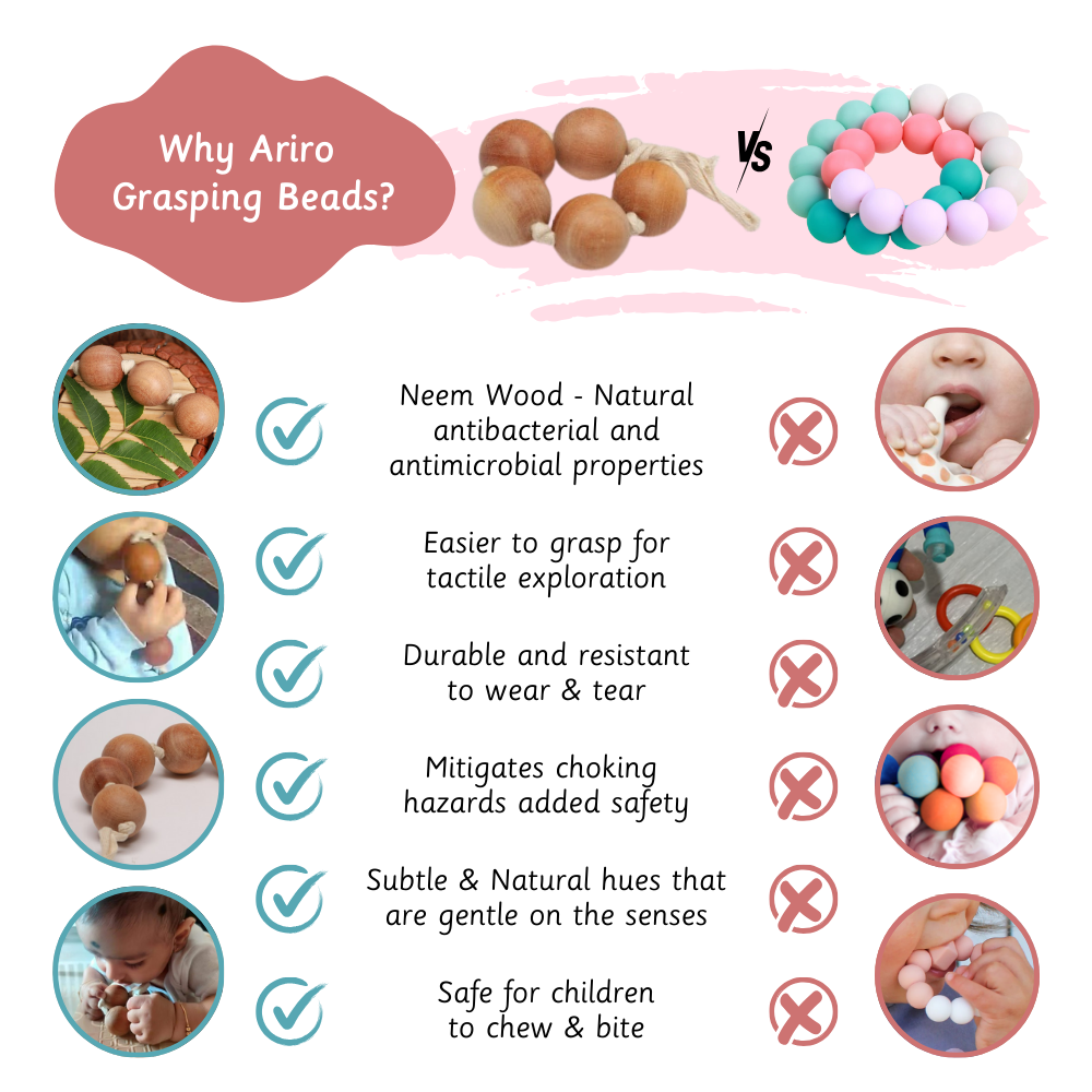 Wooden Grasping beads offering natural antibacterial protection, superior durability, and safe, sensory-friendly design perfect for babies.





