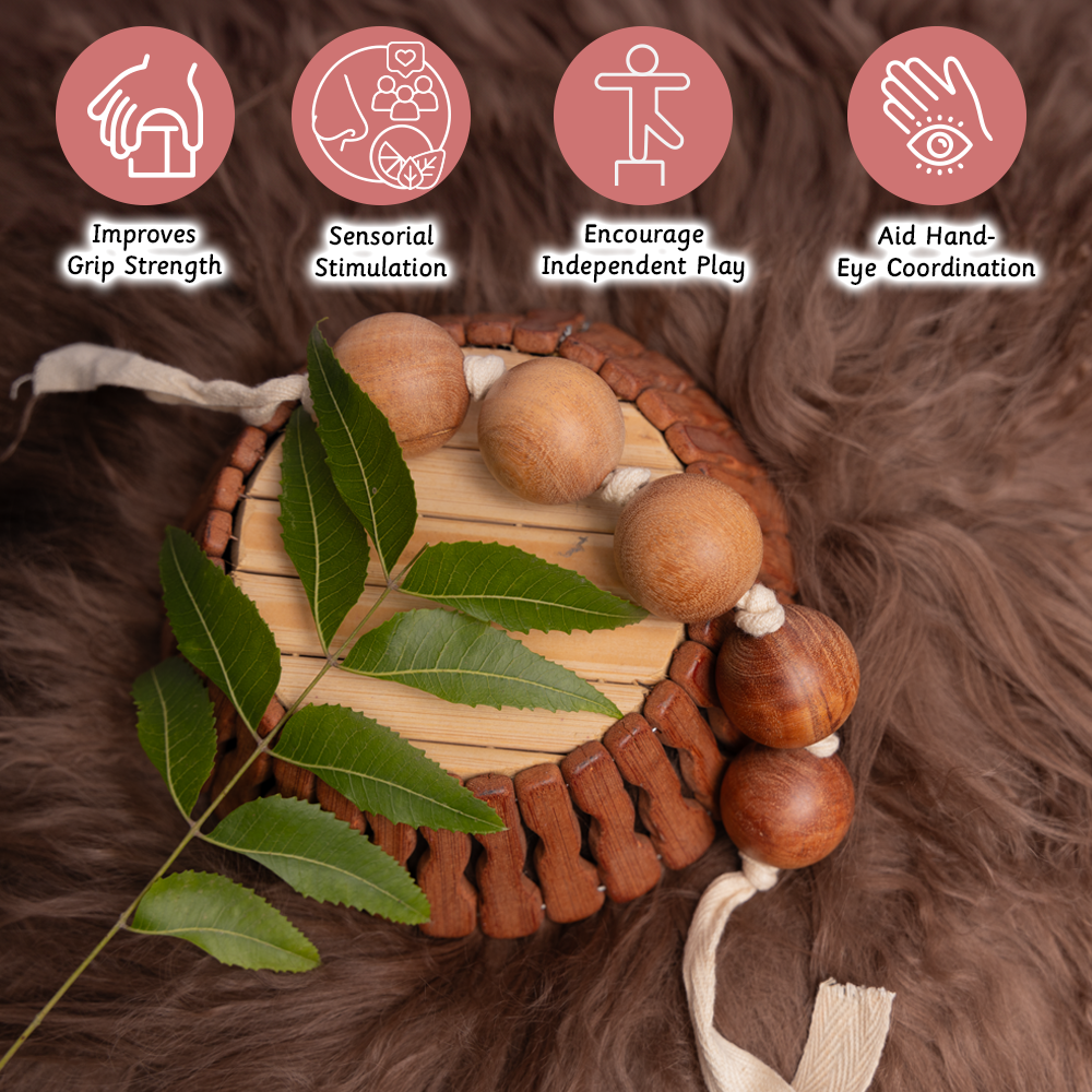 Wooden Grasping beads support grip strength, sensory development, hand-eye coordination, and encourage safe, independent play for babies.