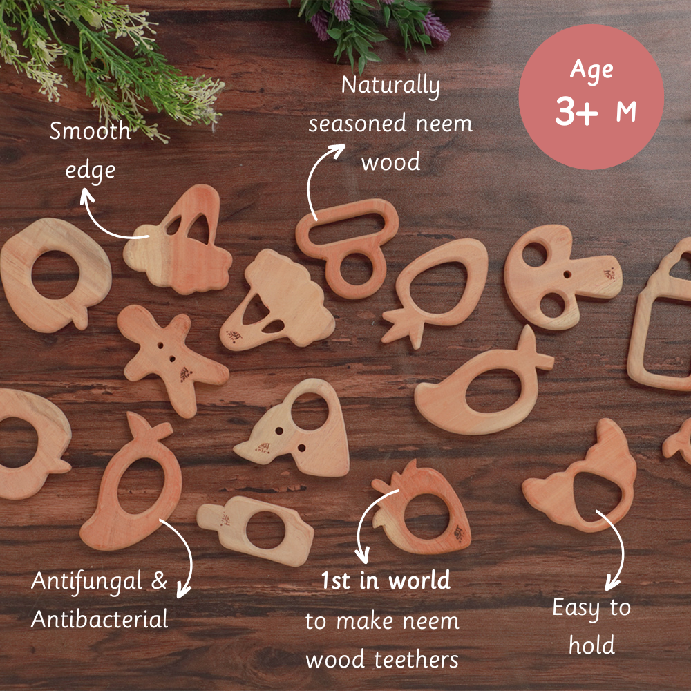 Wooden Interlocking Discs  are naturally seasoned neem wood baby teethers, antifungal and antibacterial, smooth-edged, easy to hold, and designed for ages 3 months and up.