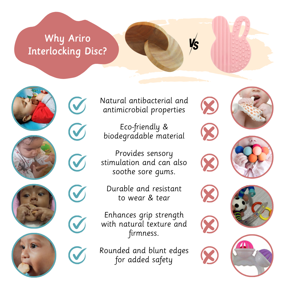 Wooden Interlocking Discs is a safe, eco-friendly, and durable teether offering natural antibacterial properties and sensory benefits