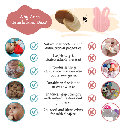 Wooden Interlocking Discs is a safe, eco-friendly, and durable teether offering natural antibacterial properties and sensory benefits