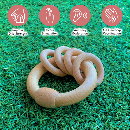 Encouraging sensory development, this wooden rattle boosts grip strength, hand-eye coordination, and auditory and tactile exploration.