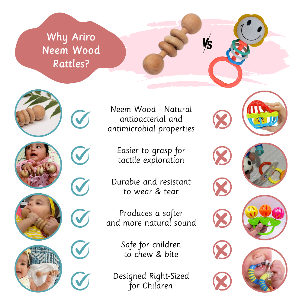 Wooden Rattle - Dumbbell with Rings are naturally antibacterial, easy to grip, safe to chew, and designed for your child’s sensory development