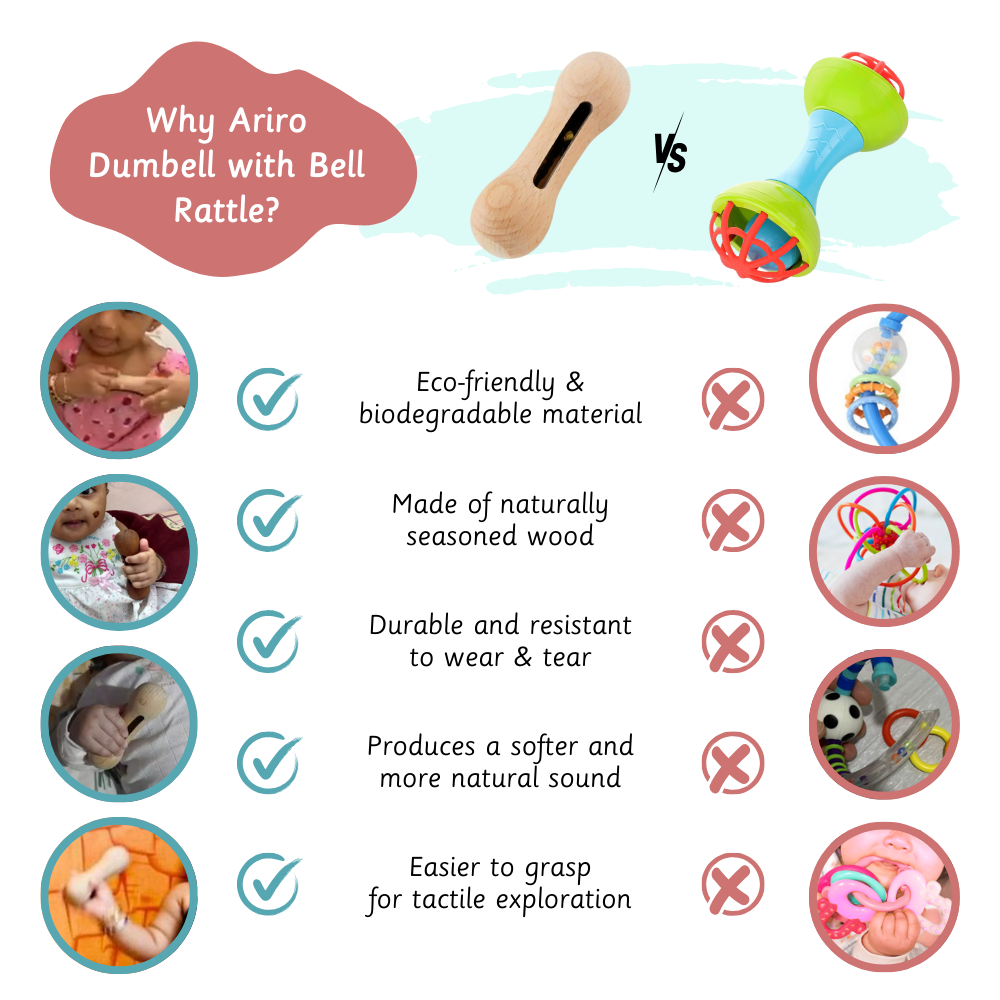Wooden Rattle - Dumbbell with bell is a naturally crafted, eco-friendly wooden rattle that’s easy to grip and designed for safe, sensory-rich play.