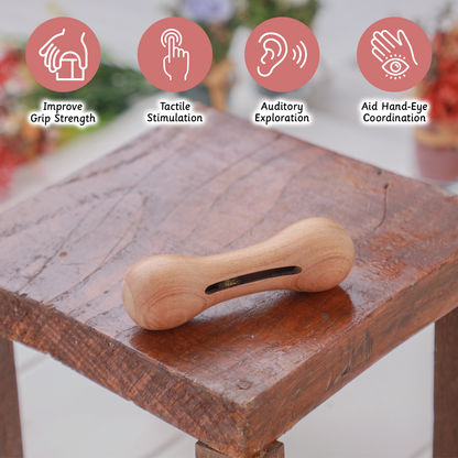 Wooden Rattle - Dumbbell with bell designed to improve grip strength, enhance tactile and auditory senses, and support hand-eye coordination in young children.