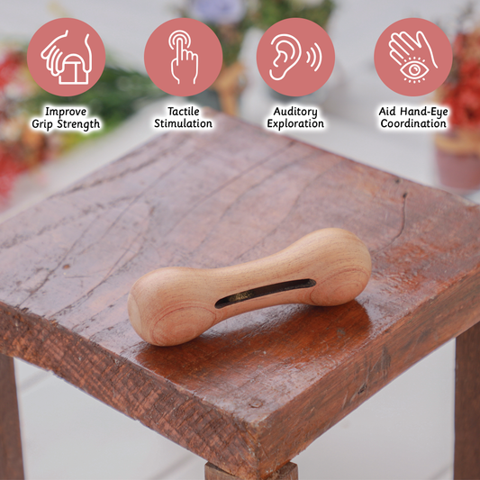 Wooden Rattle - Dumbbell with bell designed to improve grip strength, enhance tactile and auditory senses, and support hand-eye coordination in young children.