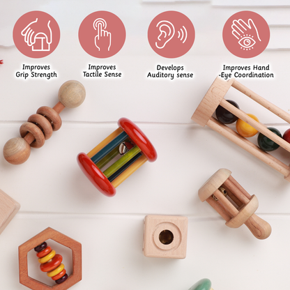 Wooden Rattle - Hexagon  boost grip strength, enhance tactile and auditory senses, and improve hand-eye coordination—perfect for your baby’s early developmental milestones