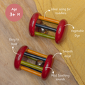 Wooden Rattle - Small Tumbler Red made with vegetable dye, featuring smooth edges, easy grip, soothing sounds, and ideal sizing for babies aged 3 months and above.