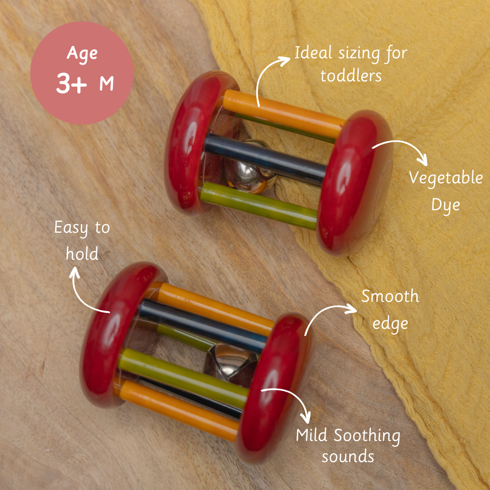 Wooden Rattle - Small Tumbler Red made with vegetable dye, featuring smooth edges, easy grip, soothing sounds, and ideal sizing for babies aged 3 months and above.