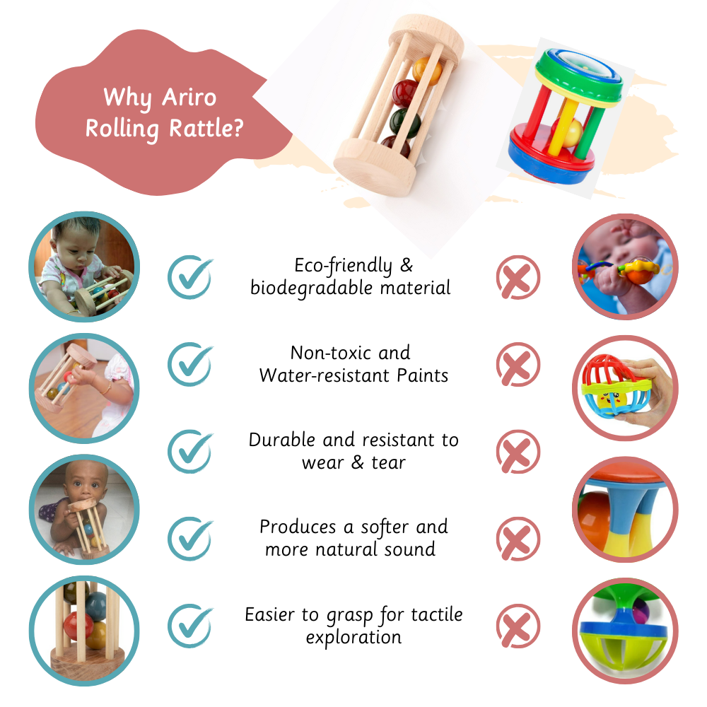 Wooden Rolling Rattle is an eco-friendly, biodegradable, and hand-crafted toy made with water-resistant vegetable dyes, offering a softer sound, greater durability, and easy grip