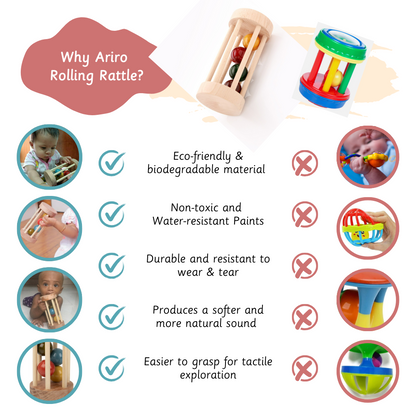 Wooden Rolling Rattle is an eco-friendly, biodegradable, and hand-crafted toy made with water-resistant vegetable dyes, offering a softer sound, greater durability, and easy grip