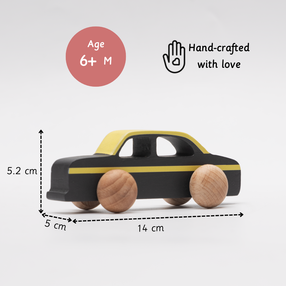 wooden taxi, designed for children aged 6 months and above, features a smooth finish, durable wheels, and an ideal size