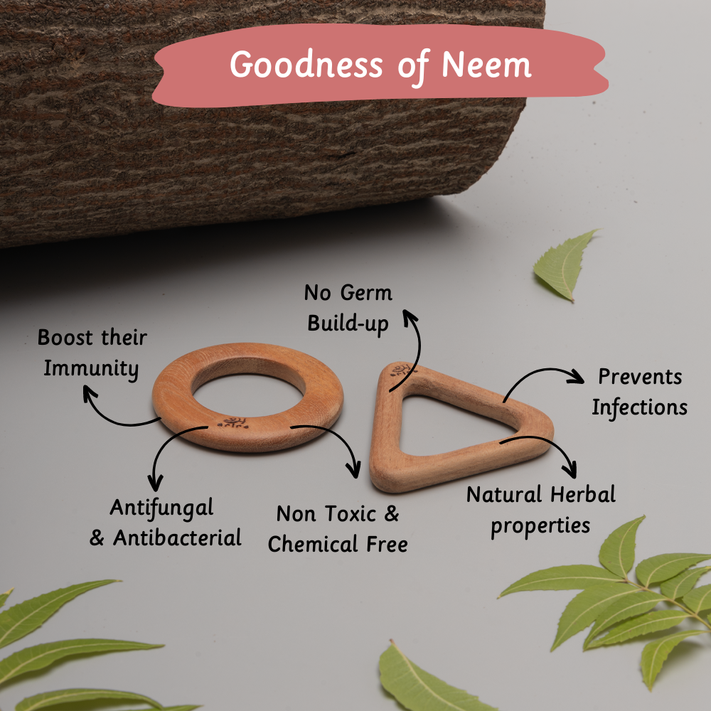 neem wood teethers, highlighting their antifungal, antibacterial, non-toxic, and chemical-free nature that boosts immunity, prevents infections, and resists germ build-up.




