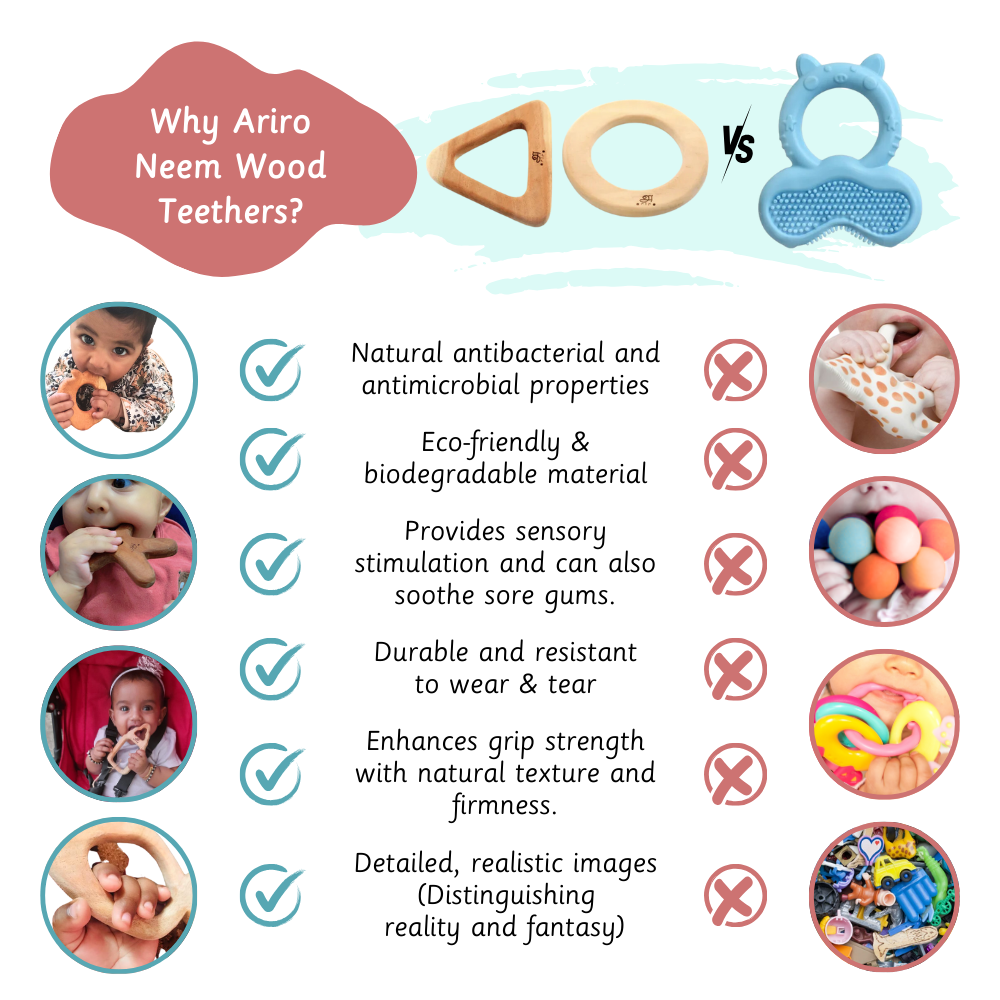 This image compares Ariro Neem Wood Teethers with plastic ones, showing they’re safer, eco-friendly, durable, sensory-rich, and better for grip and learning.