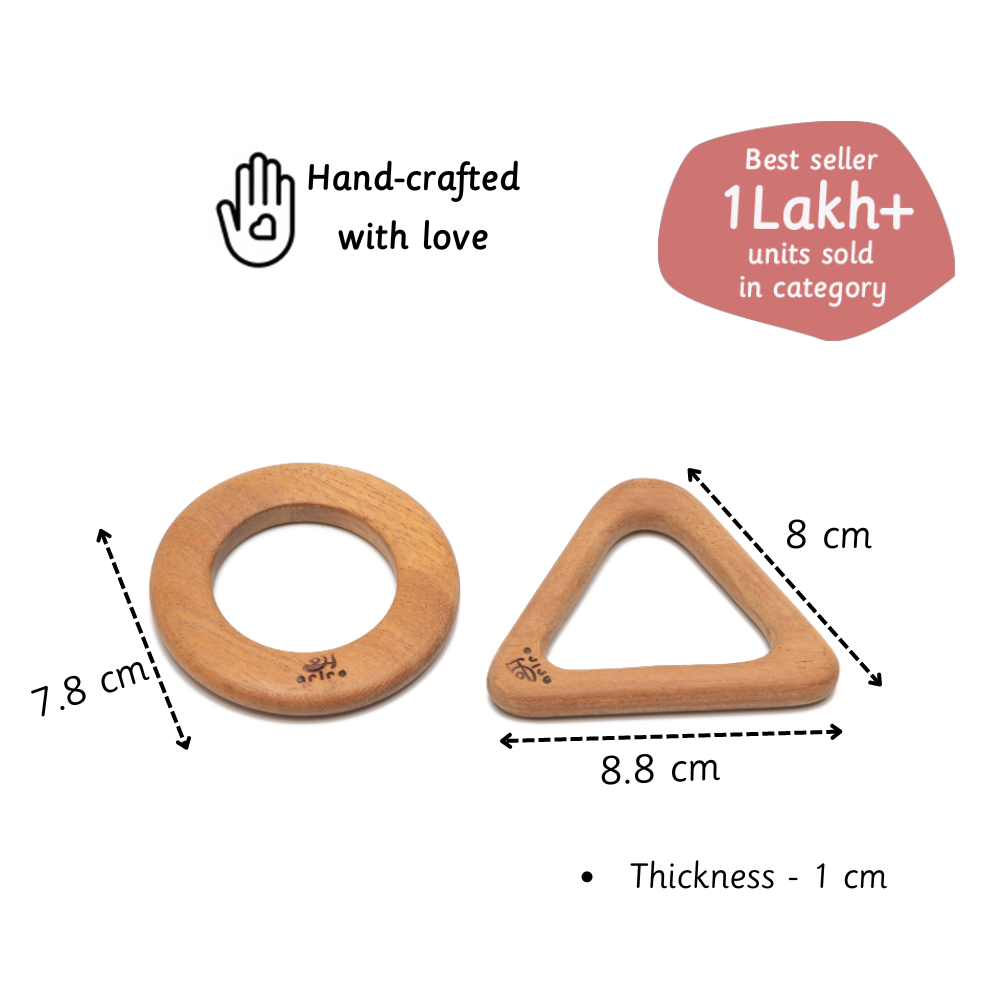 hand-crafted neem wood teethers, emphasizing their 1 cm thickness, ergonomic design, and over 1 lakh units sold in the category.