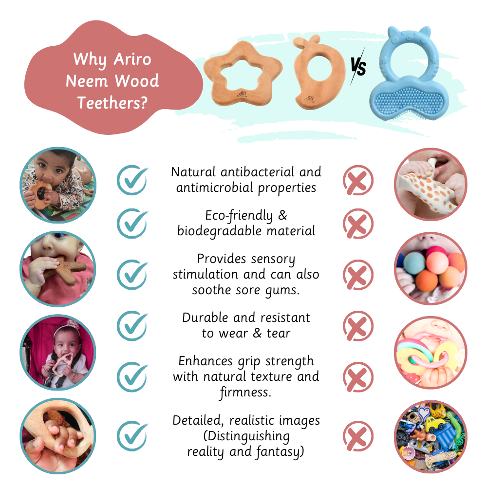 Ariro Neem Wood Teethers vs. plastic: natural antibacterial, eco-friendly, sensory soothing, durable, grip-enhancing, and realistic; plastic lacks these benefits.


