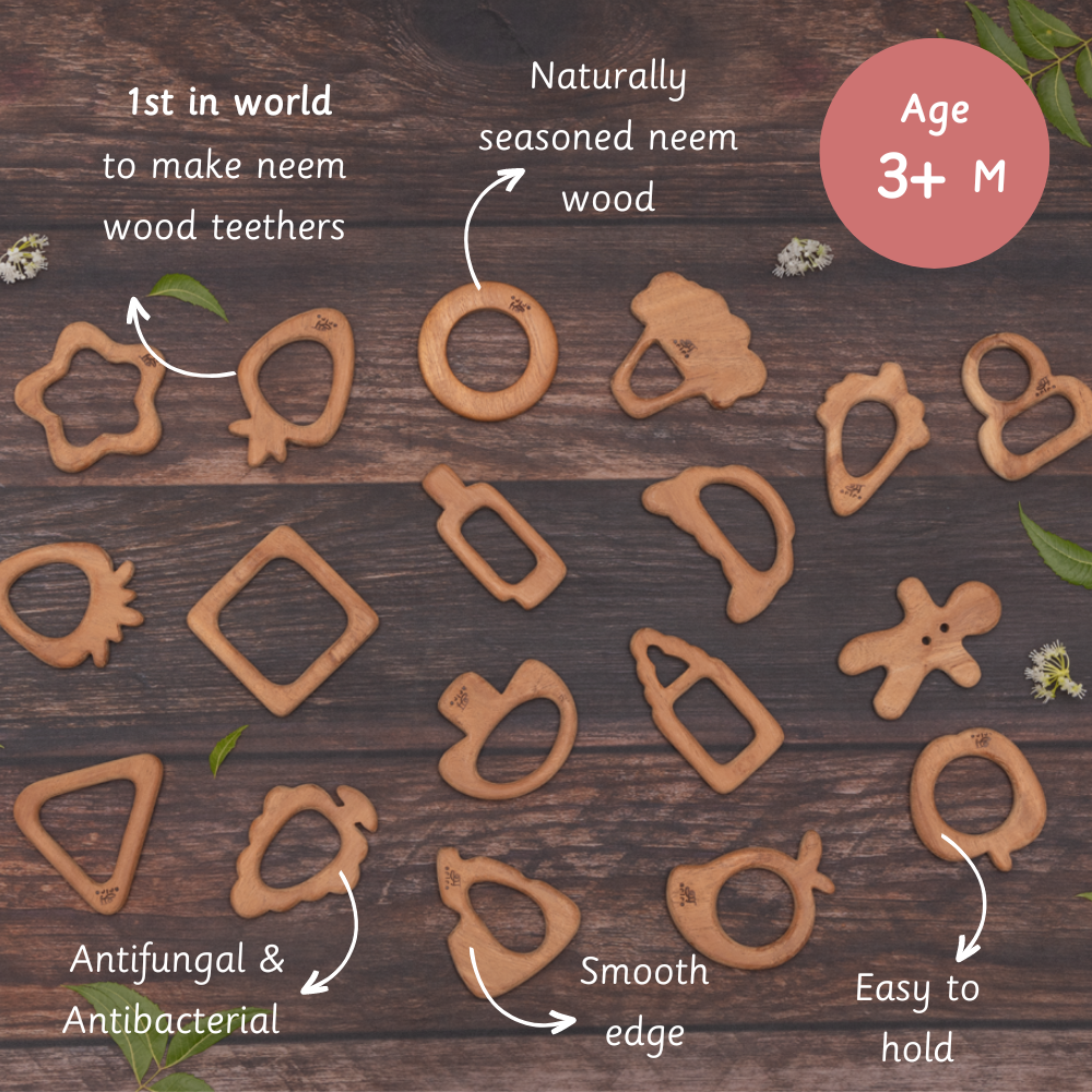  wooden baby teethers made from naturally seasoned neem wood, displayed on a wooden surface with labeled features such as "antifungal & antibacterial," "smooth edge," "easy to hold," and suitable for ages 3+ months.





