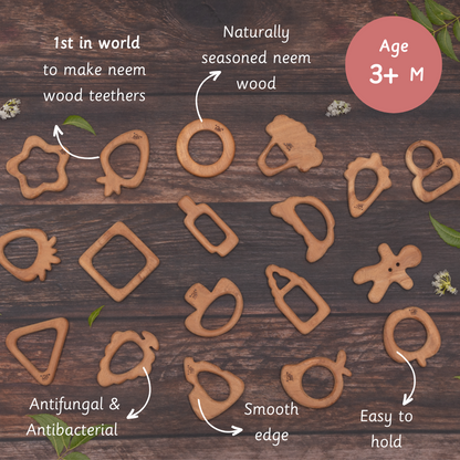  wooden baby teethers made from naturally seasoned neem wood, displayed on a wooden surface with labeled features such as "antifungal & antibacterial," "smooth edge," "easy to hold," and suitable for ages 3+ months.





