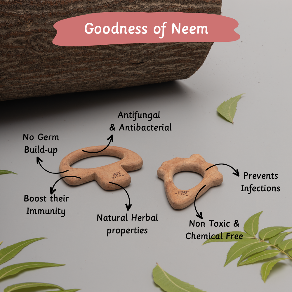 neem wood baby teethers are displayed with text highlighting their natural benefits—antifungal, antibacterial, non-toxic, chemical-free, and immunity-boosting—emphasizing the "Goodness of Neem" for safe, germ-free teething.