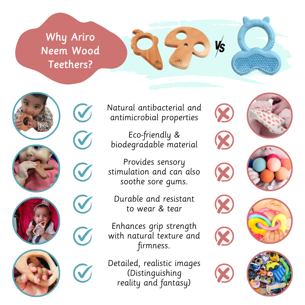 Ariro Neem Wood Teethers vs. plastic: natural antibacterial, eco-friendly, sensory soothing, durable, grip-enhancing, and realistic; plastic lacks these benefits.