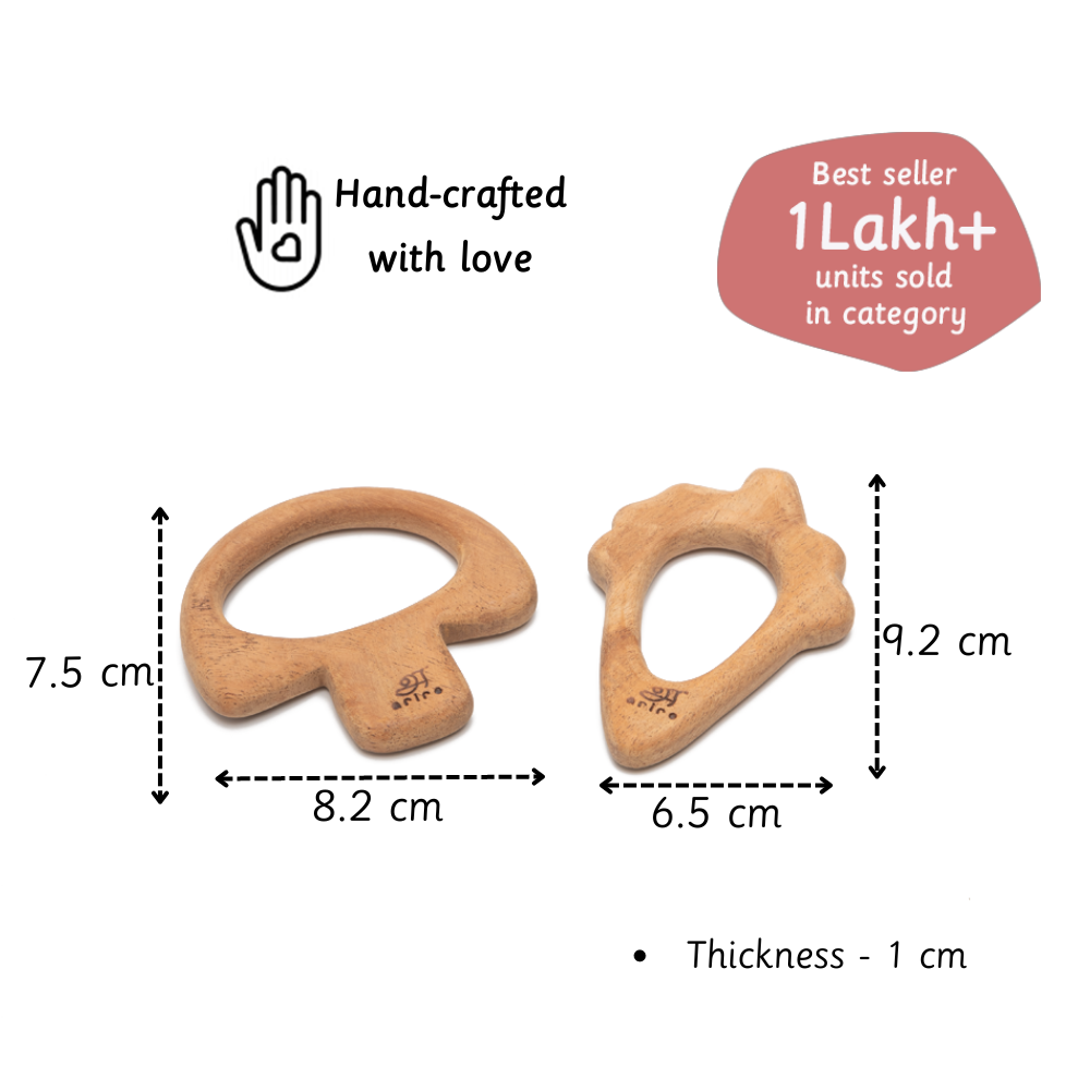 Two hand-crafted wooden teethers with perfect dimensions for children