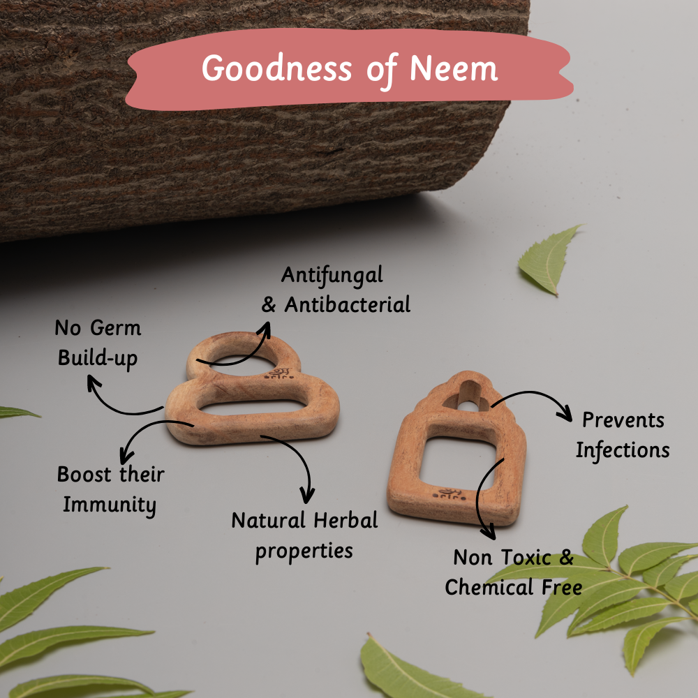 neem wood teethers highlighting benefits: antifungal, antibacterial, non-toxic, chemical-free, immunity-boosting, and infection-preventing.