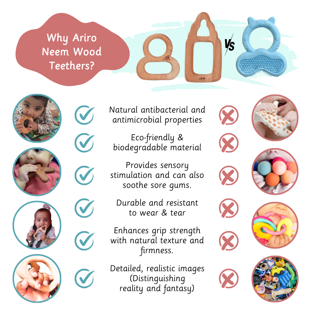 Ariro Neem Wood Teethers vs. plastic: natural antibacterial, eco-friendly, sensory soothing, durable, grip-enhancing, and realistic; plastic lacks these benefits.
