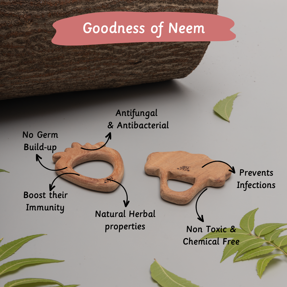  wood baby teethers are displayed with text highlighting their natural benefits—antifungal, antibacterial, non-toxic, chemical-free, and immunity-boosting—emphasizing the "Goodness of Neem" for safe, germ-free teething. 