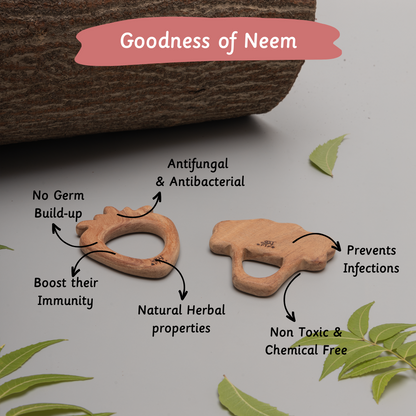  wood baby teethers are displayed with text highlighting their natural benefits—antifungal, antibacterial, non-toxic, chemical-free, and immunity-boosting—emphasizing the "Goodness of Neem" for safe, germ-free teething. 