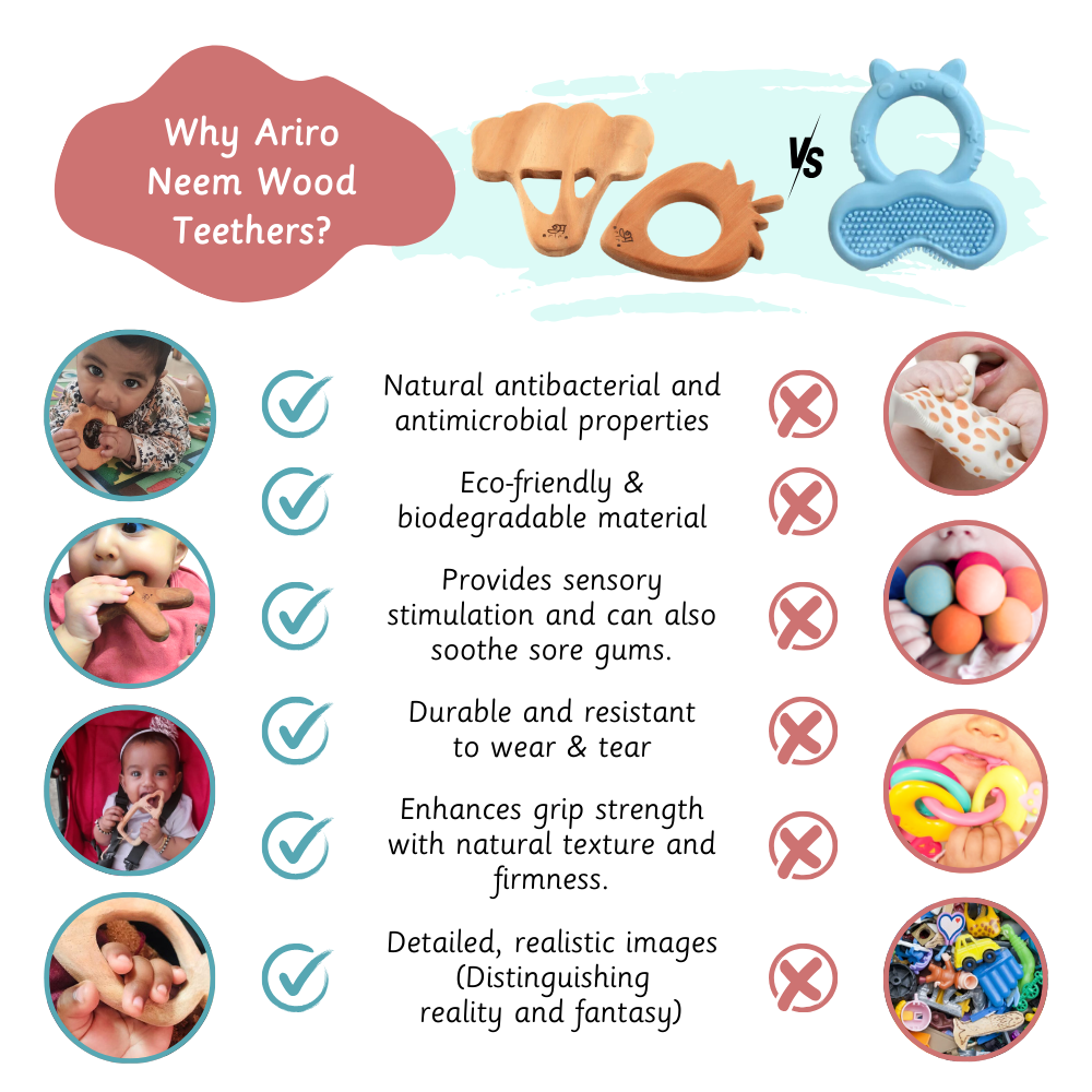 : Ariro teethers offer natural antibacterial properties, eco-friendliness, sensory stimulation, durability, grip strength enhancement, and realistic designs, while plastic teethers lack these features.