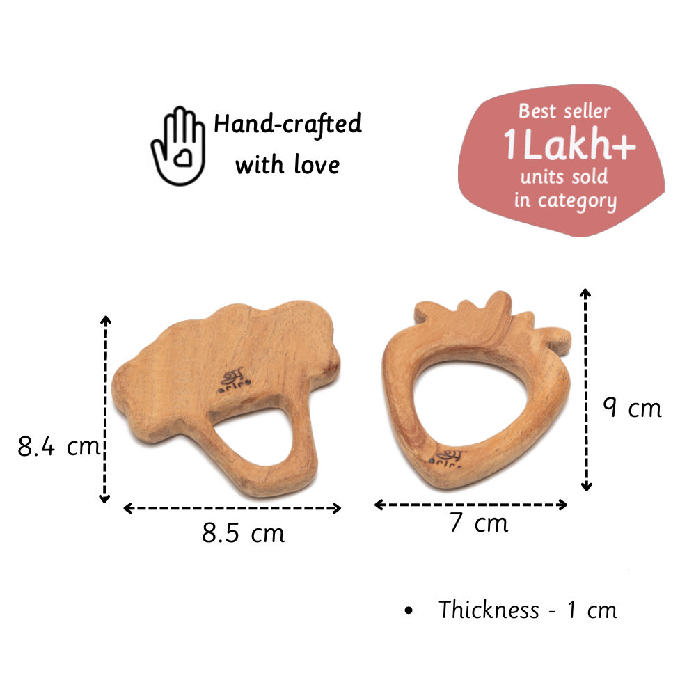 Handcrafted wooden teethers in fun shapes, designed with perfect dimensions for easy grip and safe use by kids.