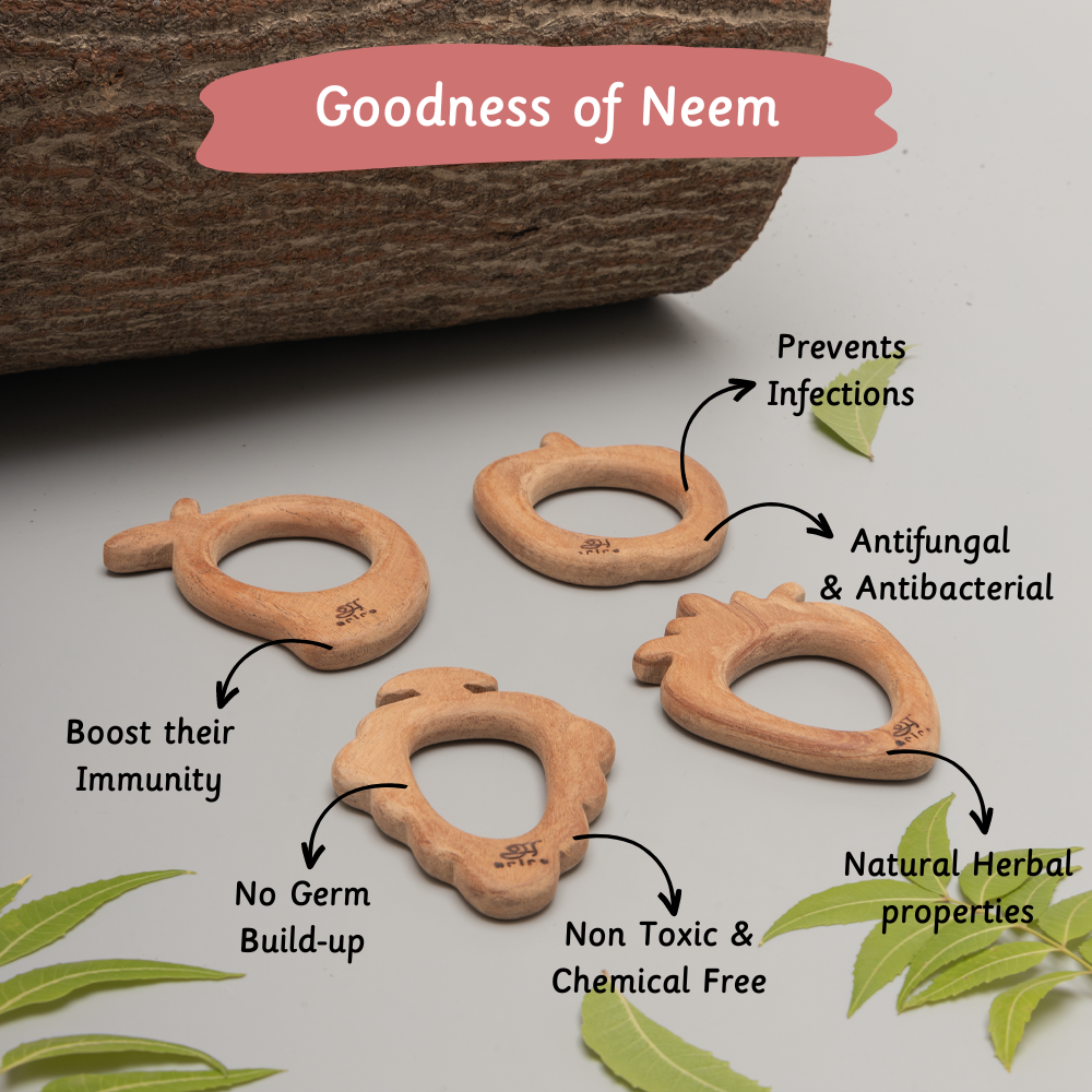 neem wood teethers, emphasizing their immunity-boosting, antifungal, antibacterial, non-toxic, and infection-preventing properties.