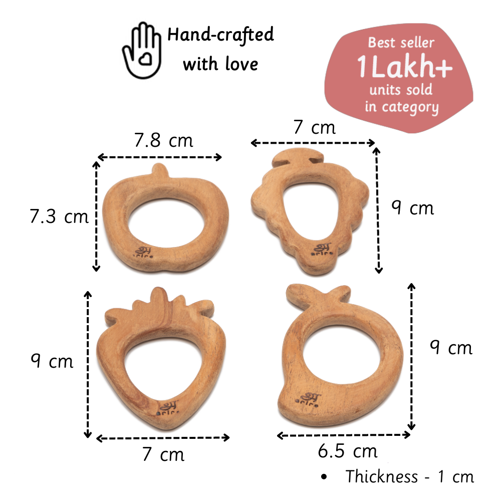 hand-crafted neem wood teethers with exact dimensions and 1 cm thickness, highlighting them as bestsellers with over 1 lakh units sold.