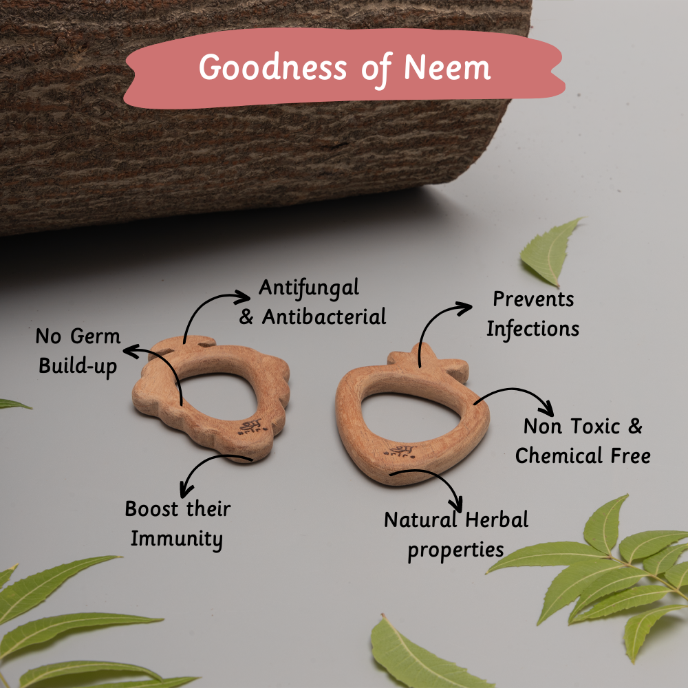 Neem wood teethers offer antifungal, antibacterial, and natural herbal benefits, boost immunity, prevent infections, are non-toxic, chemical-free, and resist germ build-up.