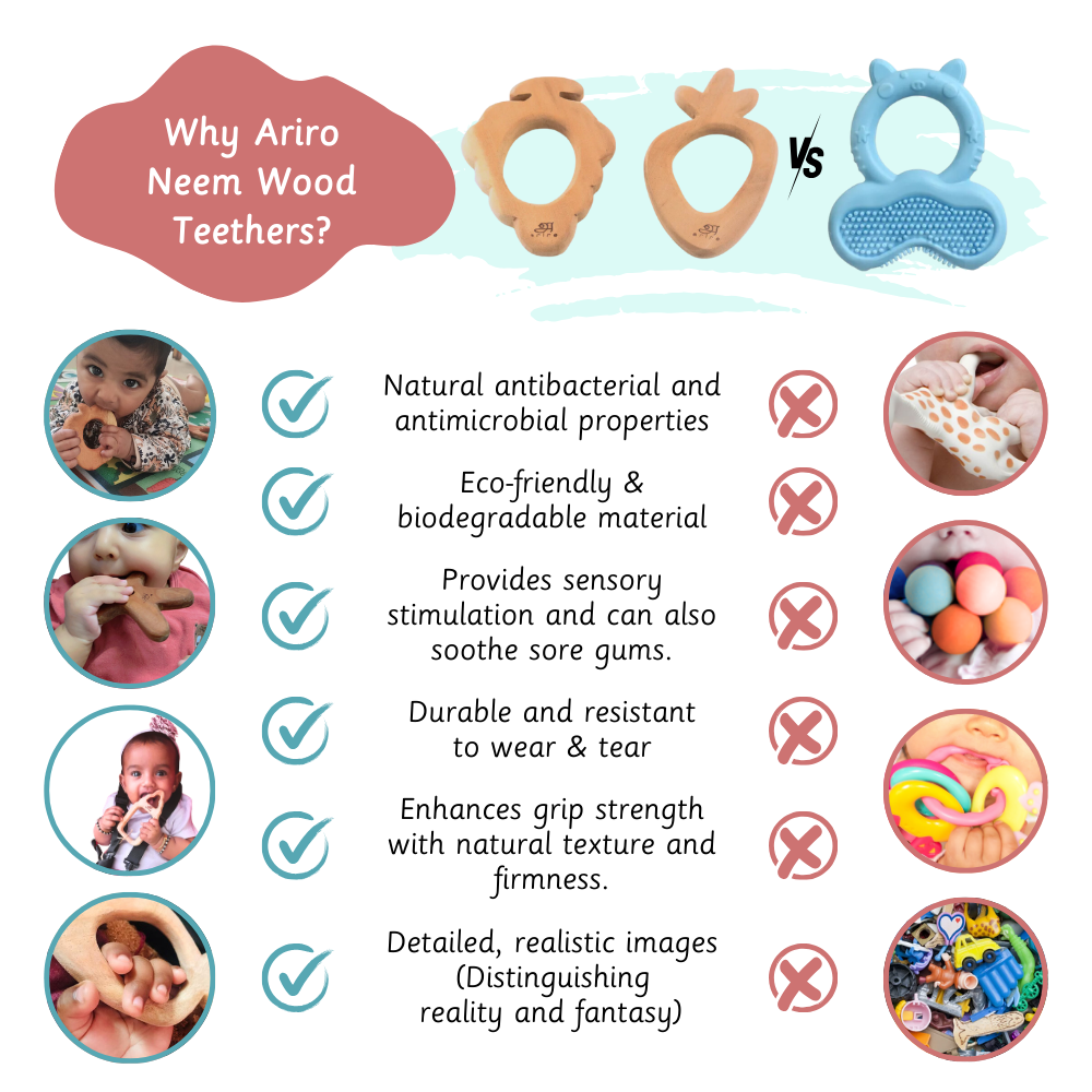 Ariro Neem Wood Teethers are natural, eco-friendly, durable, sensory-stimulating, grip-enhancing, and realistically designed, unlike plastic teethers.