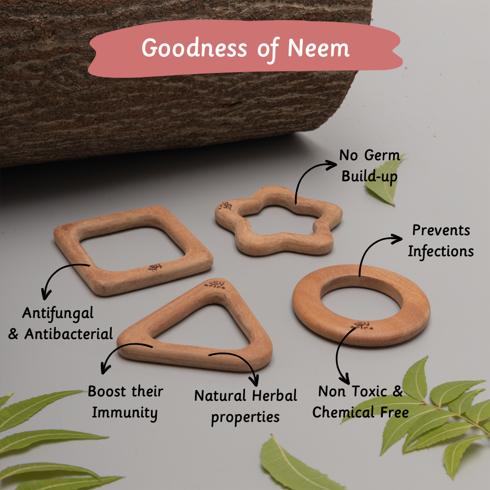 Wooden Teether are antifungal, antibacterial, non-toxic, chemical-free, and immunity-boosting—emphasizing the "Goodness of Neem" for safe, germ-free teething.





