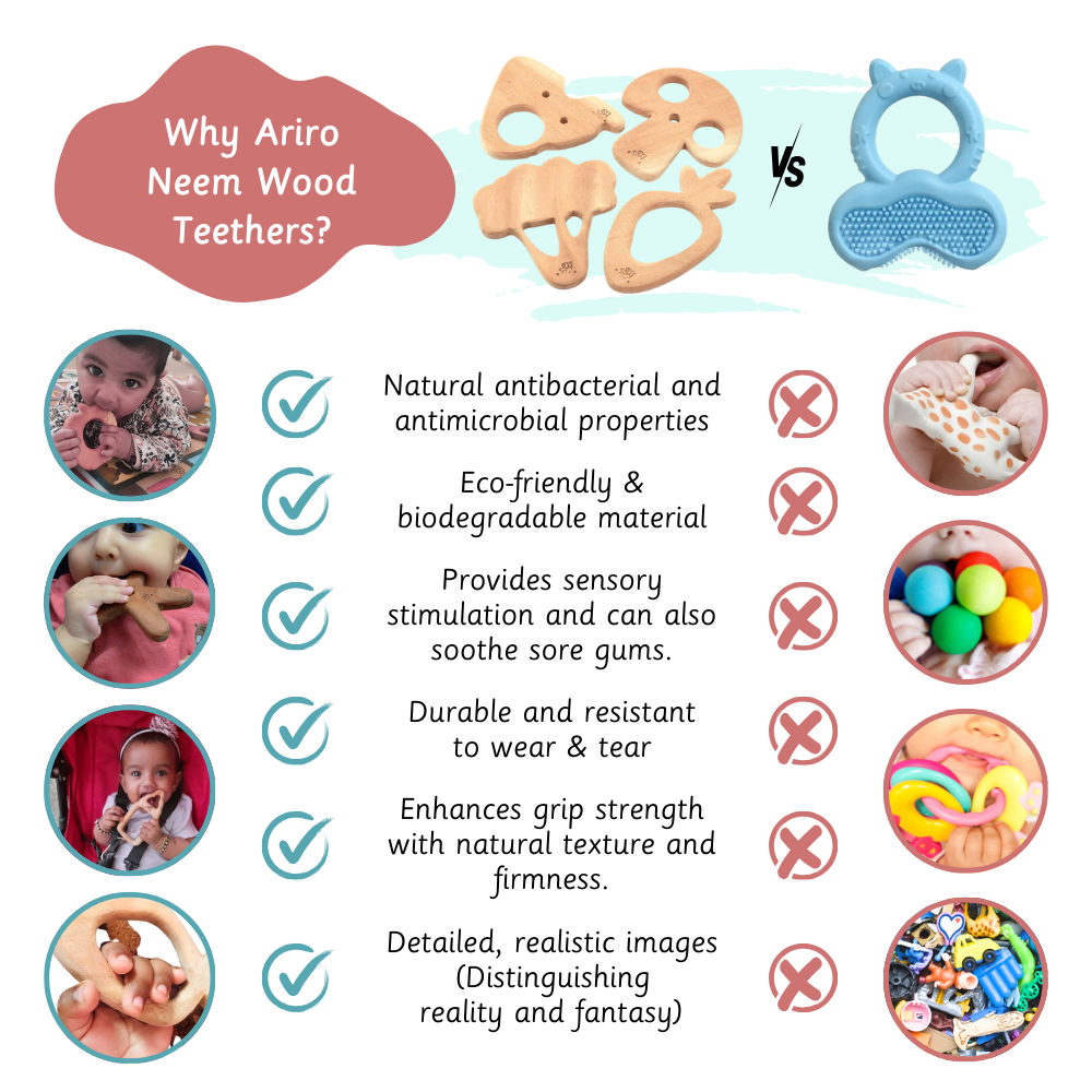 Wooden neem teethers offer natural antibacterial properties eco friendly material sensory stimulation durability and better grip for babies unlike plastic teethers