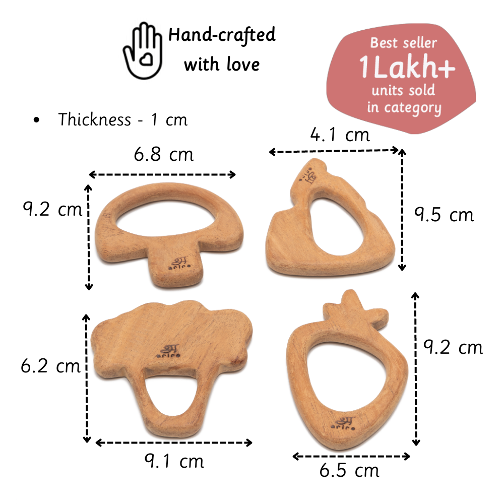 Wooden neem teethers handcrafted with smooth finish and 1 cm thickness designed in baby safe sizes for easy grip and play.